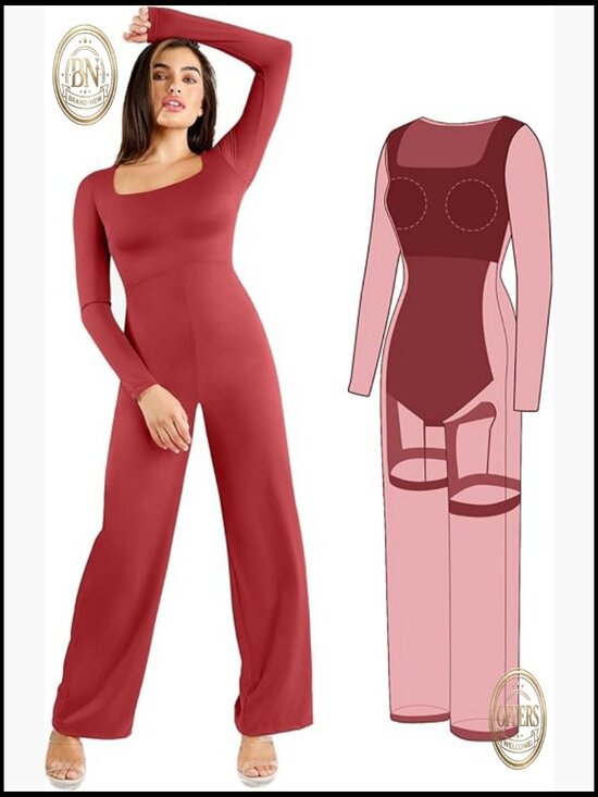 Long Sleeve Formal Jumpsuit with Built-in Shapewear Square Neck Bodycon Romper
